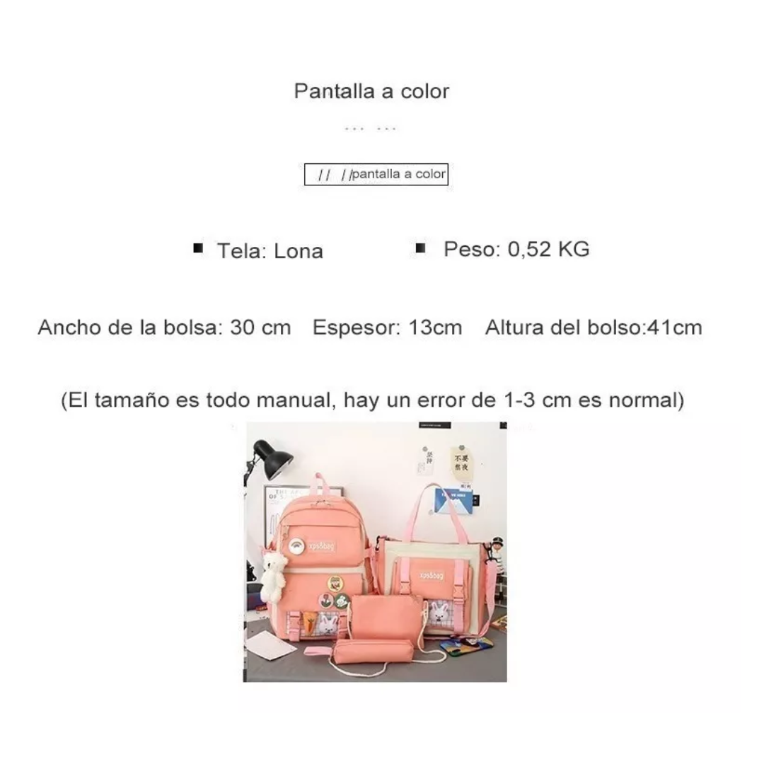 Kit Combo Mochila Escolar Kawaii 5 Pieza